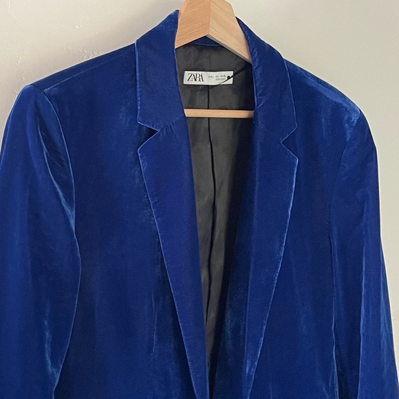 Zara Blue Velvet Jacket Blazer, Size L - Picture 2 of 13